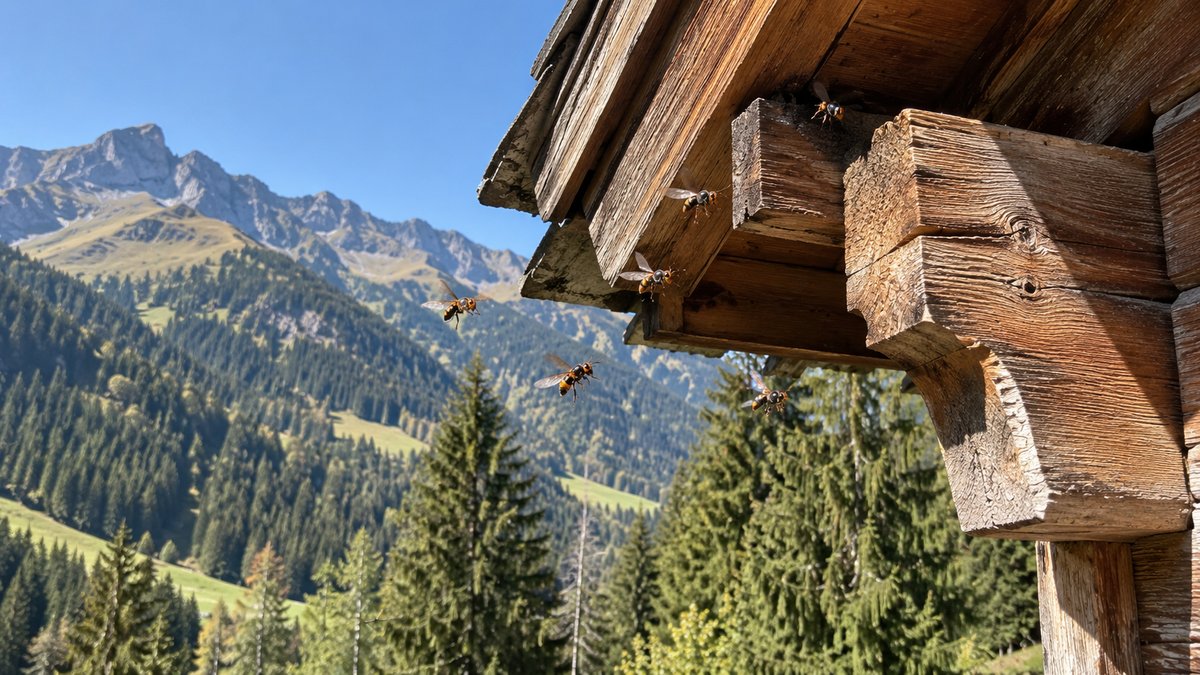 Frelons volant pres d'une charpente en bois