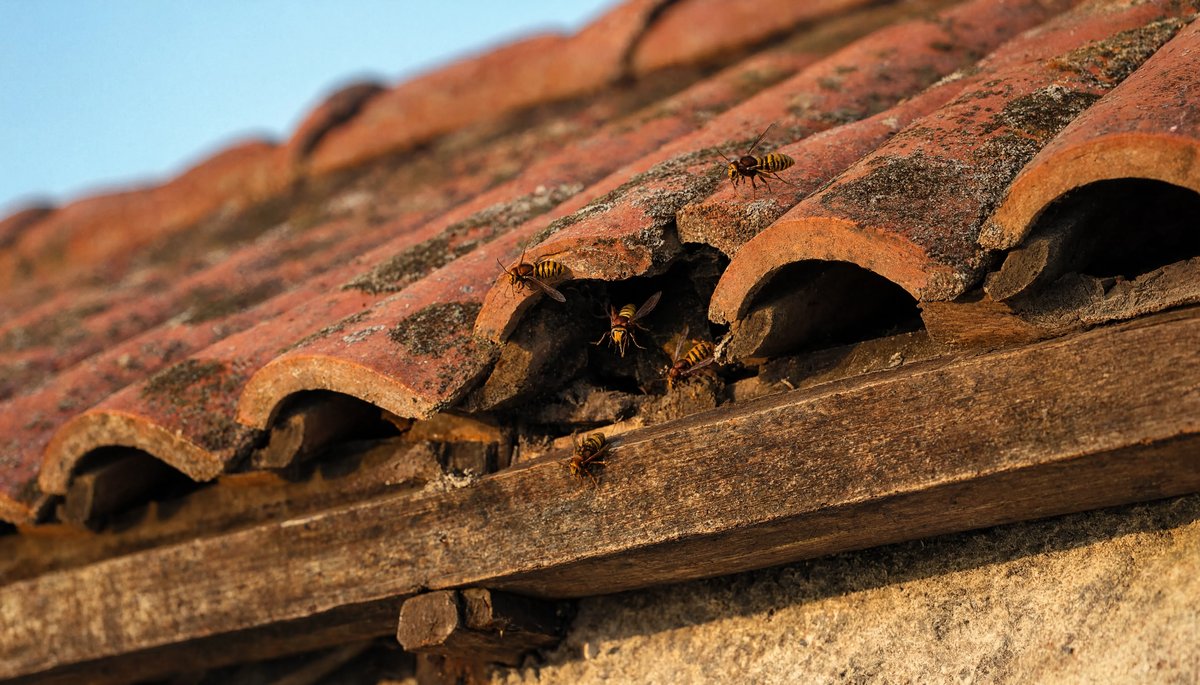 Frelons nichant sous les tuiles d'une toiture