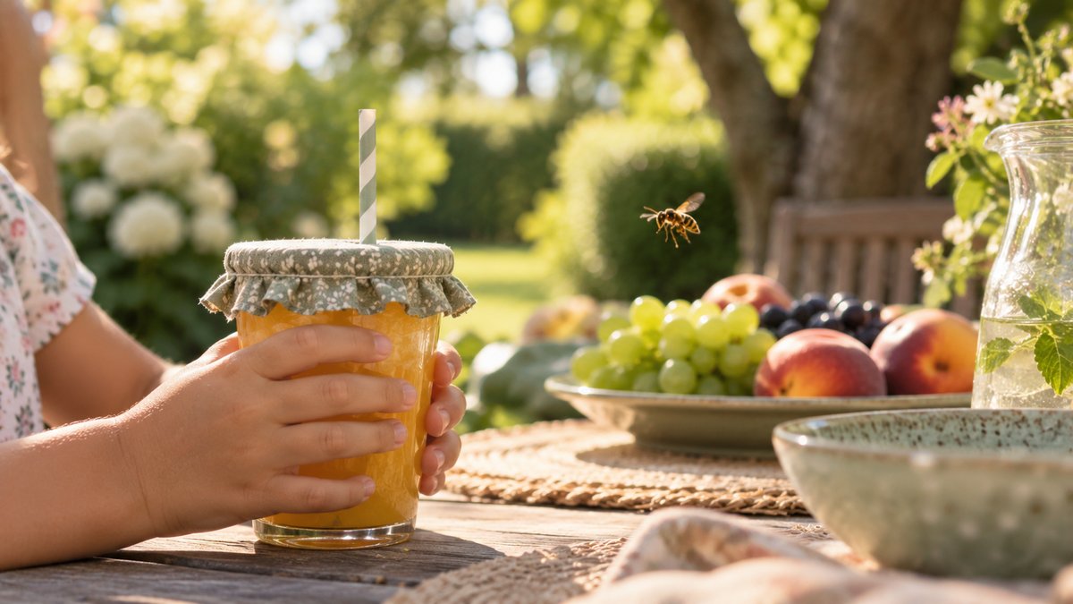 Guepe attiree par un verre de jus de fruits